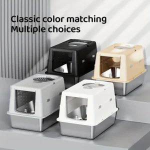 New Stainless Steel Cat Litter Box with Flip Cover Closed Design Easy to Clean Non-Slip Mat Indoor Cats Pet Supplies