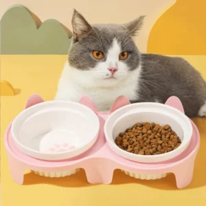 Cat bowl ceramic, cat food bowl double bowl drinking water, dog basin, pet oblique mouth to protect the cervical vertebrae