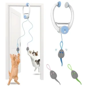 Door Hanging Automatic Rebound Cat Toy with 3 Mice Long Rope Teasing Cat Electric Cat Interactive Toy for Indoor Door and Table