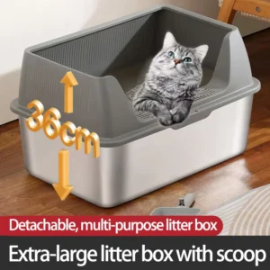 Stainless Steel Litter Box With Litter Spade Lid High Side Suitable For Large Cats Non-Stick Leak Proof