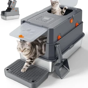 Large Enclosed Stainless Steel Cat Litter Box with Lid, Dual Entry, Odor-Free & Anti-Leak Design for Big Cats