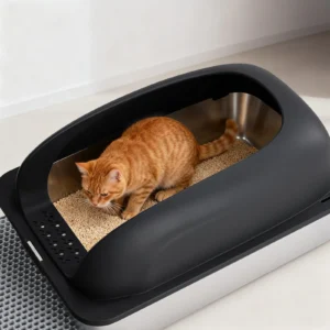 JHK Stainless 24IN Steel Cat Litter Box with Lid Large Cat Litter Box for Big Cats Anti-Urine Leakage Scoop and Mat Included
