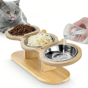 Cat 3 Bowls in 1 Feeder Feeding & Watering Supplies Food Bowl 15-Degree Tilt Raised Puppy 3 Stainless Steel Bowls Wood Brackets